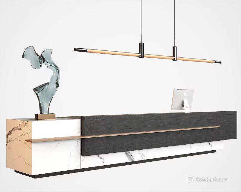 Modern Reception Desk With Marble Countertop Wooden Accent Sculpture Computer Monitor And Pendant Light 3d model 