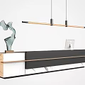 Modern Reception Desk With Marble Countertop Wooden Accent Sculpture Computer Monitor And Pendant Light