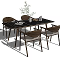 Modern Rectangular Dining Table Set With Stone Top Wooden Chairs Green Plant And White Cups 3d model