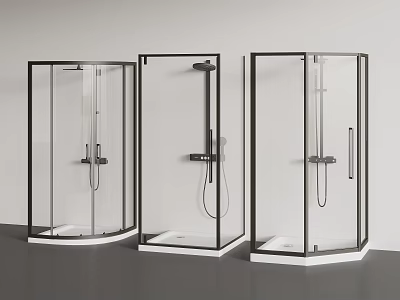 Three Modern Shower Systems in Glass Shower Enclosures with Black Frames 3d model