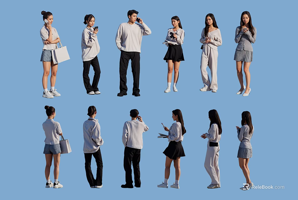 Group of People in Various Outfits with Different Poses Holding Smartphones on Blue Background 3d model 
