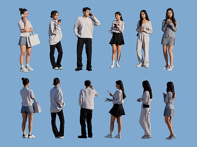 Group of People in Various Outfits with Different Poses Holding Smartphones on Blue Background 3d model