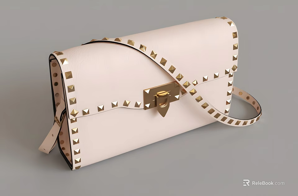 Stylish Ivory Leather Handbag With Gold Studs On Edges And Gold Clasp 3d model 