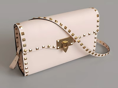 Stylish Ivory Leather Handbag With Gold Studs On Edges And Gold Clasp 3d model