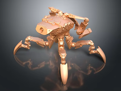 Golden Mechanical Spider Like Robot Game And Movie Character With Sharp Claws And Complex Structure 3d model