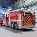 Red and White Fire Truck in Industrial Warehouse with Large Ladder and Metal Structure