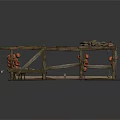 Wooden Building Structure with Wooden Floor Stones Hanging Lanterns and Table Stools