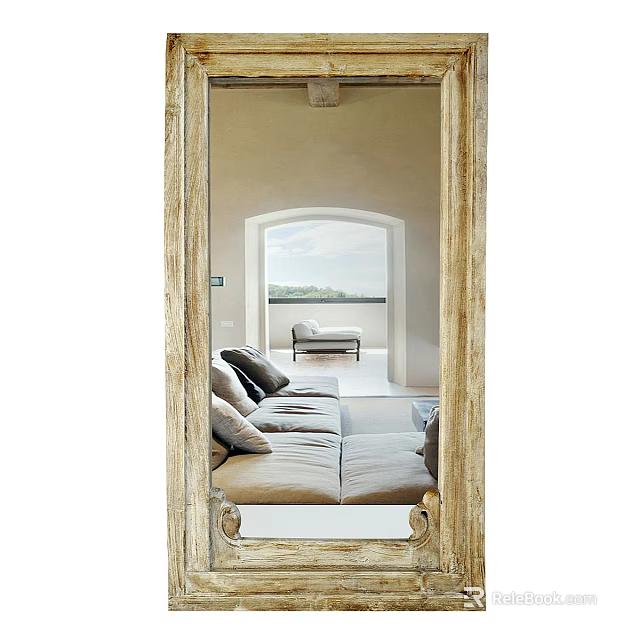 Vintage Golden Framed Mirror Reflecting Living Room With Sofa Cushions Balcony Daybed And Natural View 3d model 