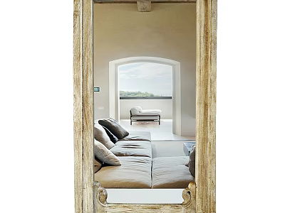 Vintage Golden Framed Mirror Reflecting Living Room With Sofa Cushions Balcony Daybed And Natural View 3d model