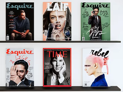 Assorted Magazines Including Esquire TIME LAIF Rebel On Black Shelf With Diverse Cover Designs 3d model