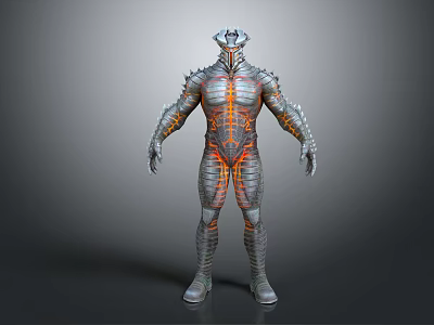 Game Movie Character In Metallic Armor With Orange Glowing Lines And Muscular Build 3d model