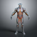 Game Movie Character In Metallic Armor With Orange Glowing Lines And Muscular Build