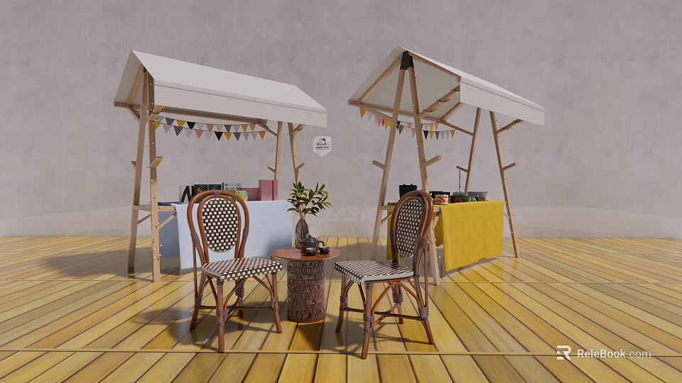 Interactive Area With White Canopies Colorful Bunting Wicker Chairs Small Round Table And Plant 3d model 