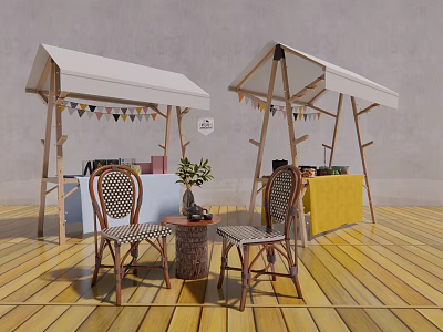 Interactive Area With White Canopies Colorful Bunting Wicker Chairs Small Round Table And Plant 3d model