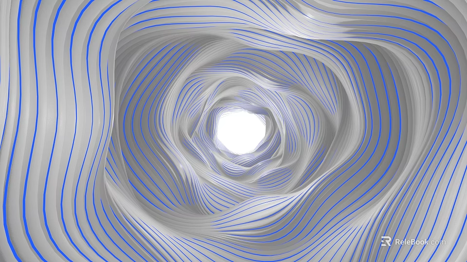 Abstract Blue And White Wavy Lines Forming Spiral Tunnel With Central Light 3d model 