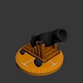 Vintage Black Cannon with Wooden Carriage and Wheels on Yellow Tiled Base