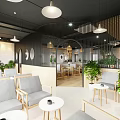 Modern Open Café With Green Plants Wooden Furniture Gray Sofas Round Tables And Pendant Lights