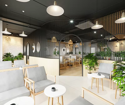 Modern Open Café With Green Plants Wooden Furniture Gray Sofas Round Tables And Pendant Lights 3d model