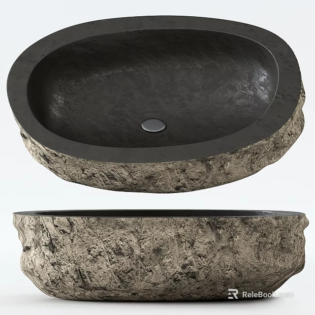 Natural Stone Rustic Wash Basin With Oval Shape And Textured Surface Design 3d model