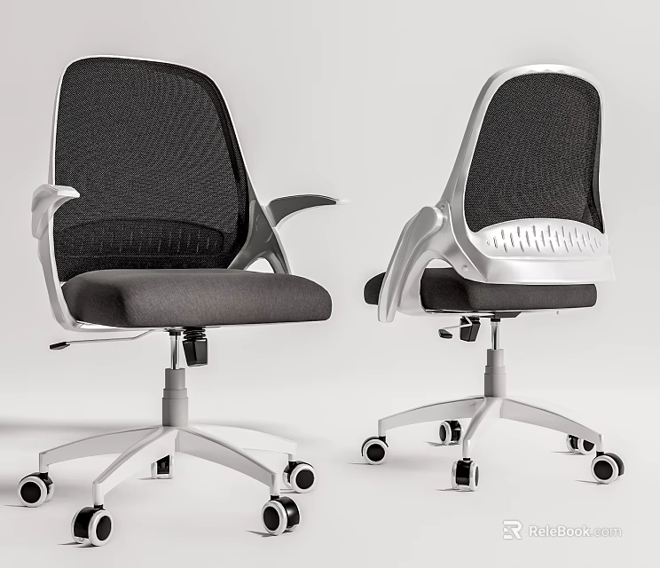 Modern Office Chair with Mesh Backrest Gray Seat White Armrests and Five-Star Wheeled Base 3d model 