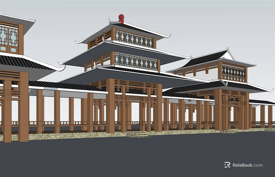 Traditional Chinese Multi Story Wooden Architecture With Classic Eaves And Red Decorations 3d model 