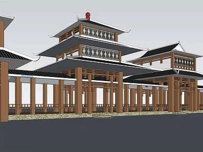 Traditional Chinese Multi Story Wooden Architecture With Classic Eaves And Red Decorations 3d model