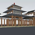 Traditional Chinese Multi Story Wooden Architecture With Classic Eaves And Red Decorations