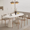 Modern Minimalist Dining Space With White Table Chairs Pendant Lights And Fruit Vase 3d model
