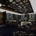 Elegant Restaurant Interior With Ornate Ceiling Wooden Tables And Floral Carpet