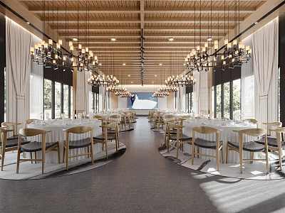 Banquet Hall Interior With Wooden Ceiling Hanging Chandeliers Long Tables And Natural Light 3d model