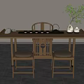 Wooden Chinese Style Tea Table And Chairs With Tea Set Vase And Padded Stools