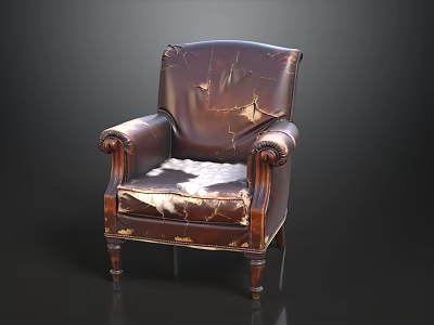 Vintage Leather Armchair with Worn Torn Upholstery and Carved Wooden Armrests 3d model