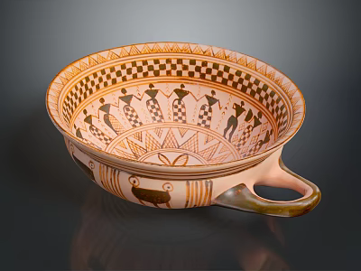 Artistically Sculpted Bowl Displaying Intricate Human Figures Geometric Patterns And Ornate Handle 3d model
