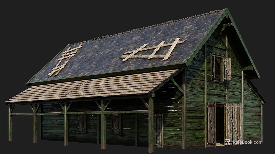 Rustic Green Wooden Barn Exterior With Sloped Roof And Crossed Wooden Beams 3d model 