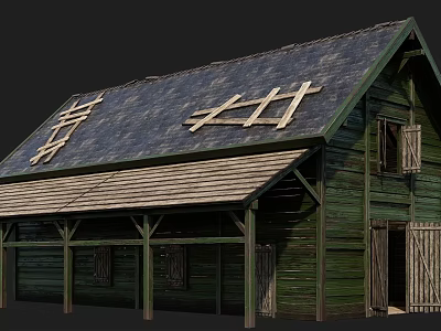 Rustic Green Wooden Barn Exterior With Sloped Roof And Crossed Wooden Beams 3d model