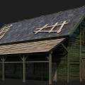 Rustic Green Wooden Barn Exterior With Sloped Roof And Crossed Wooden Beams