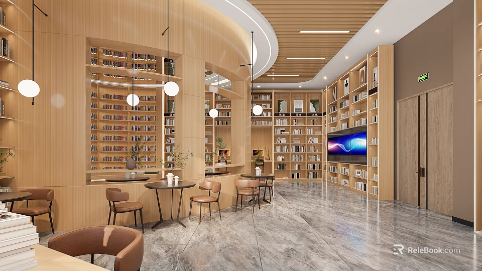 Artistic Library Interior Design With Wooden Bookshelves And Lounge Chairs 3d model 