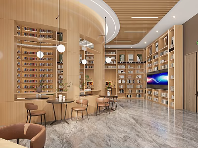 Artistic Library Interior Design With Wooden Bookshelves And Lounge Chairs 3d model