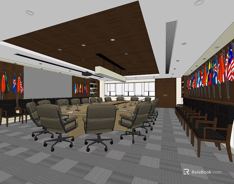Modern Conference Room With Round Table Ergonomic Chairs Ceiling Lighting And National Flags 3d model 