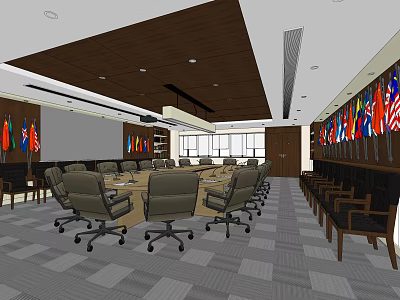 Modern Conference Room With Round Table Ergonomic Chairs Ceiling Lighting And National Flags 3d model