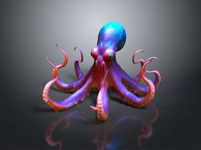 Vibrant Blue And Purple Octopus With Orange Red Tentacles On Dark Background And Reflection 3d model