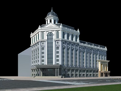 Elegant Classical European Style Office Building With White Exterior Domed Roof And Front Lawn 3d model