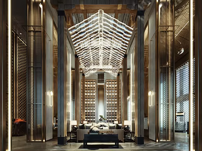 Luxury Clubhouse Grand Lobby With Modern Chandelier And Elegant Sofa Seating Area 3d model