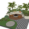 Courtyard Garden With Circular Fire Pit Seating Palm Trees And Green Lawn Design