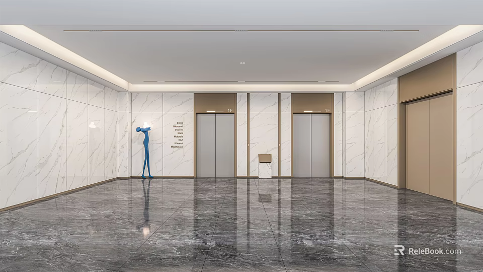 Modern Elevator Lobby Interior Design With Marble Walls Polished Flooring And Ceiling Lighting 3d model
