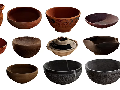 Assorted Ceramic Bowls With Brown Black And Textured Designs In Various Shapes 3d model