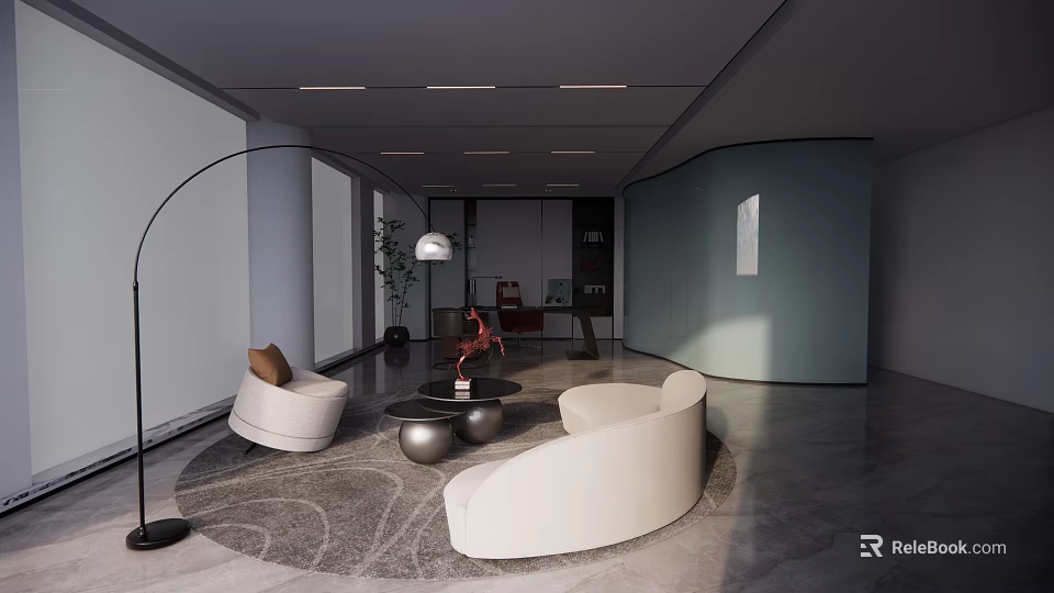 Modern Office Reception Area Interior With White Sofa Curved Design Floor Lamp And Green Plant 3d model 