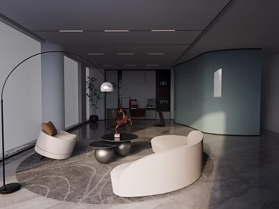 Modern Office Reception Area Interior With White Sofa Curved Design Floor Lamp And Green Plant 3d model