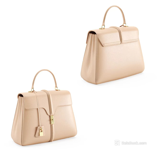Beige Leather Handbags Design With Top Handles Flap Closure And Metal Lock 3d model 