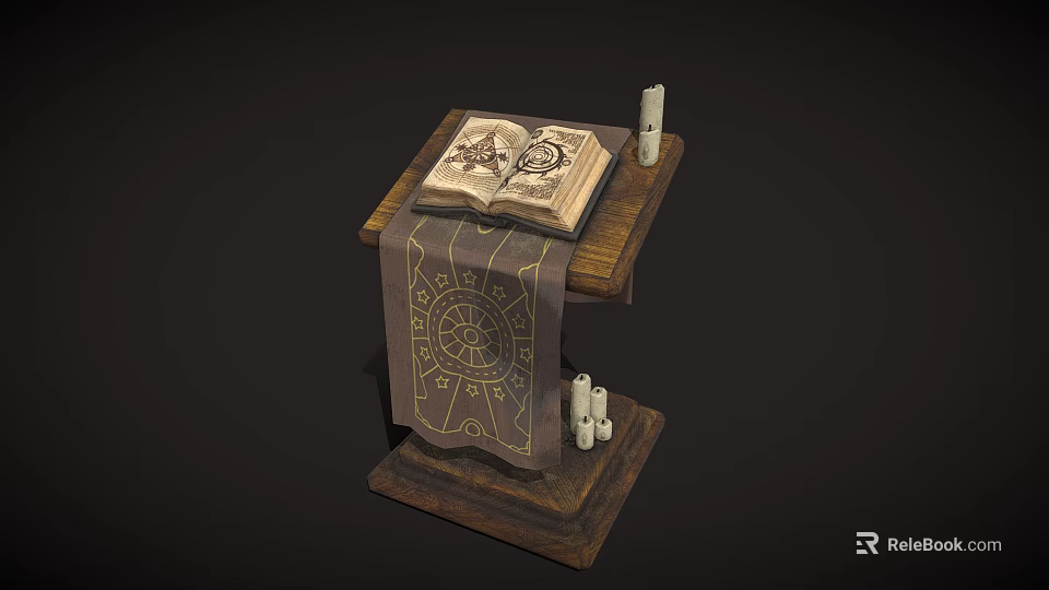 Functional Wooden Table with Open Book Cloth with Star Pattern and Candles 3d model